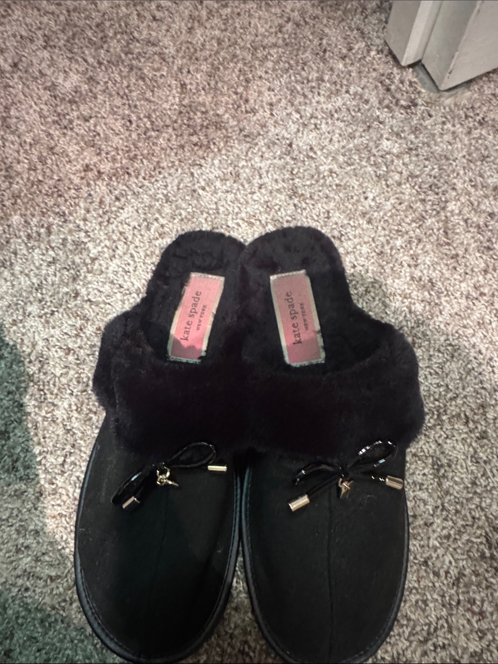 kate spade Black Faux Fur Bow-Accent Slip-On Slippers